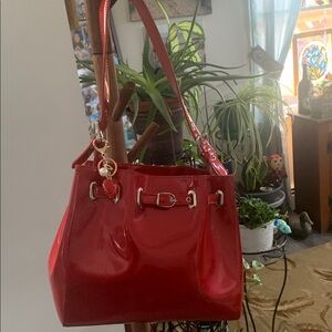 Beijo Red Patent Leather Tote Bag with bag charm